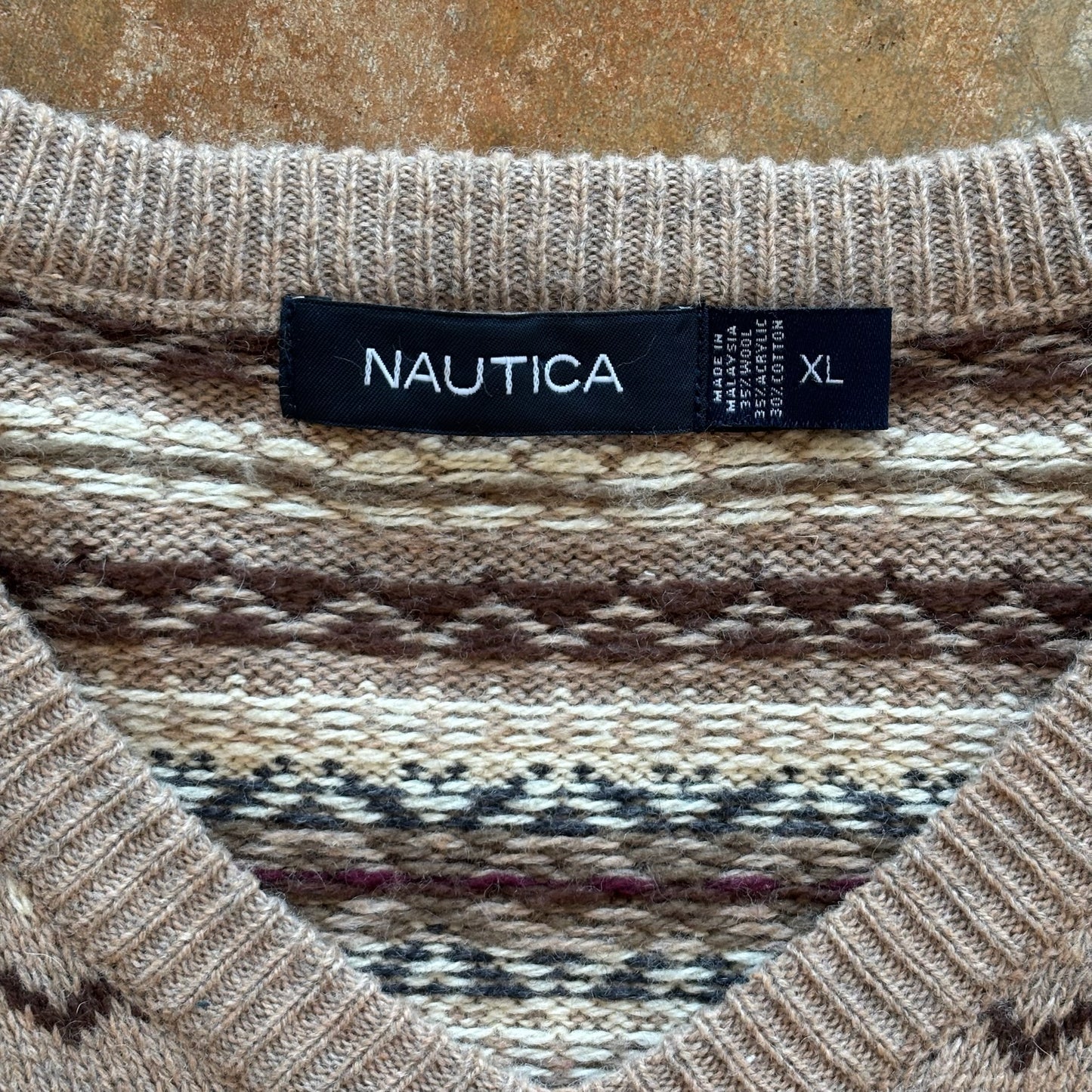 Nautica Fair Isle Pattern Wool Blend V Neck Sweater 90's - XL