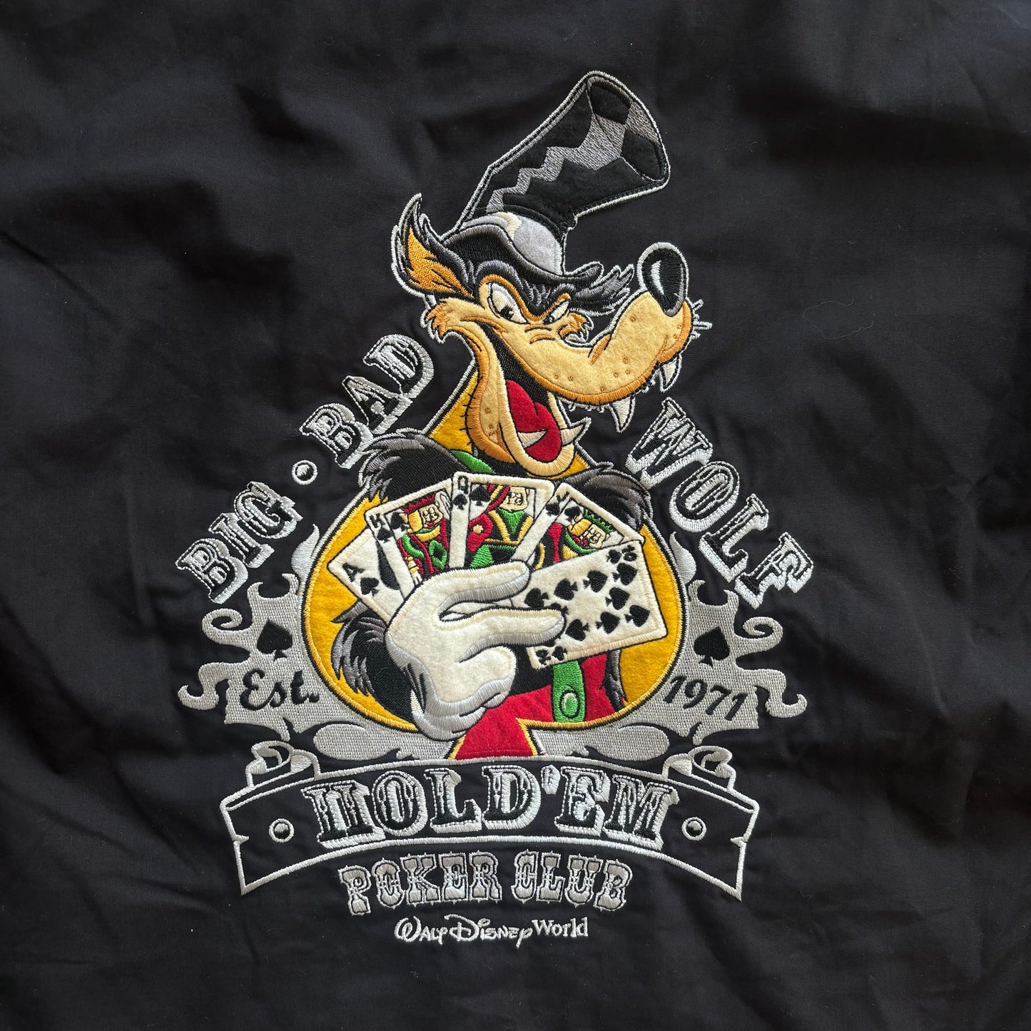 Walt Disney World Big Bad Wolf Texas Hold'em Poker Patch Button Up Shirt 90's - L
