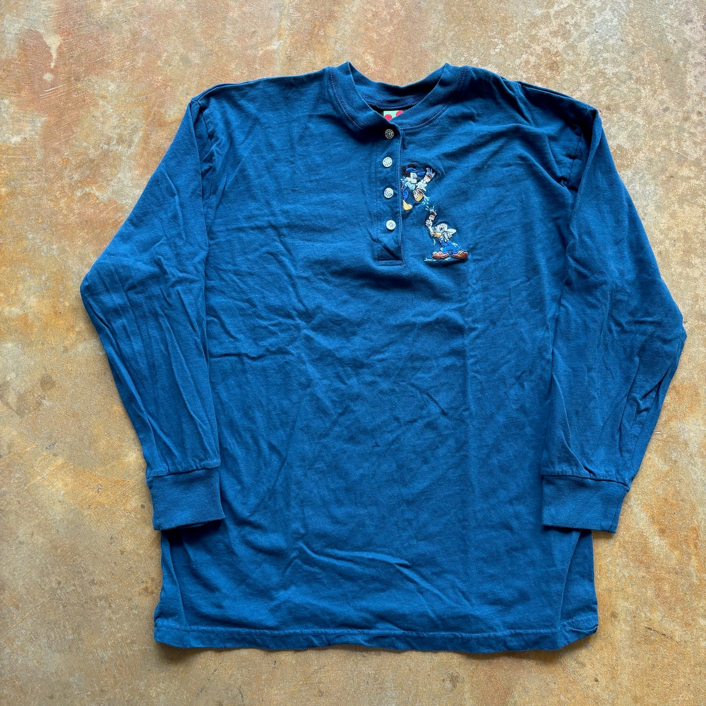 Mickey Unlimited Long Sleeve Henley Shirt Embroidered Paint Donald Duck Mickey 90's - M