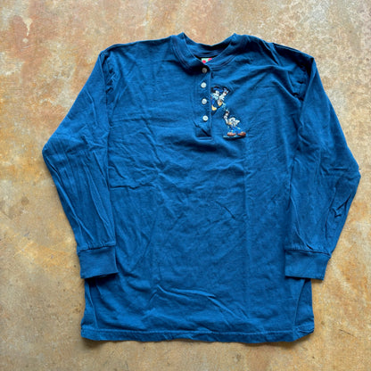 Mickey Unlimited Long Sleeve Henley Shirt Embroidered Paint Donald Duck Mickey 90's - M