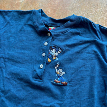 Mickey Unlimited Long Sleeve Henley Shirt Embroidered Paint Donald Duck Mickey 90's - M