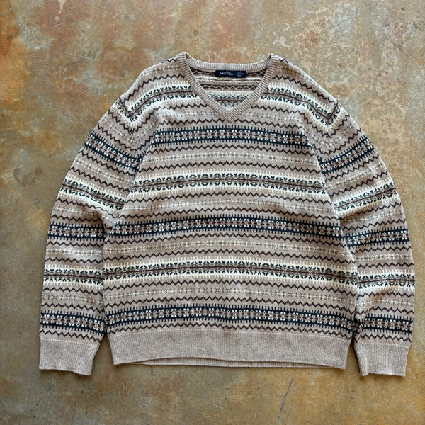 Nautica Fair Isle Pattern Wool Blend V Neck Sweater 90's - XL