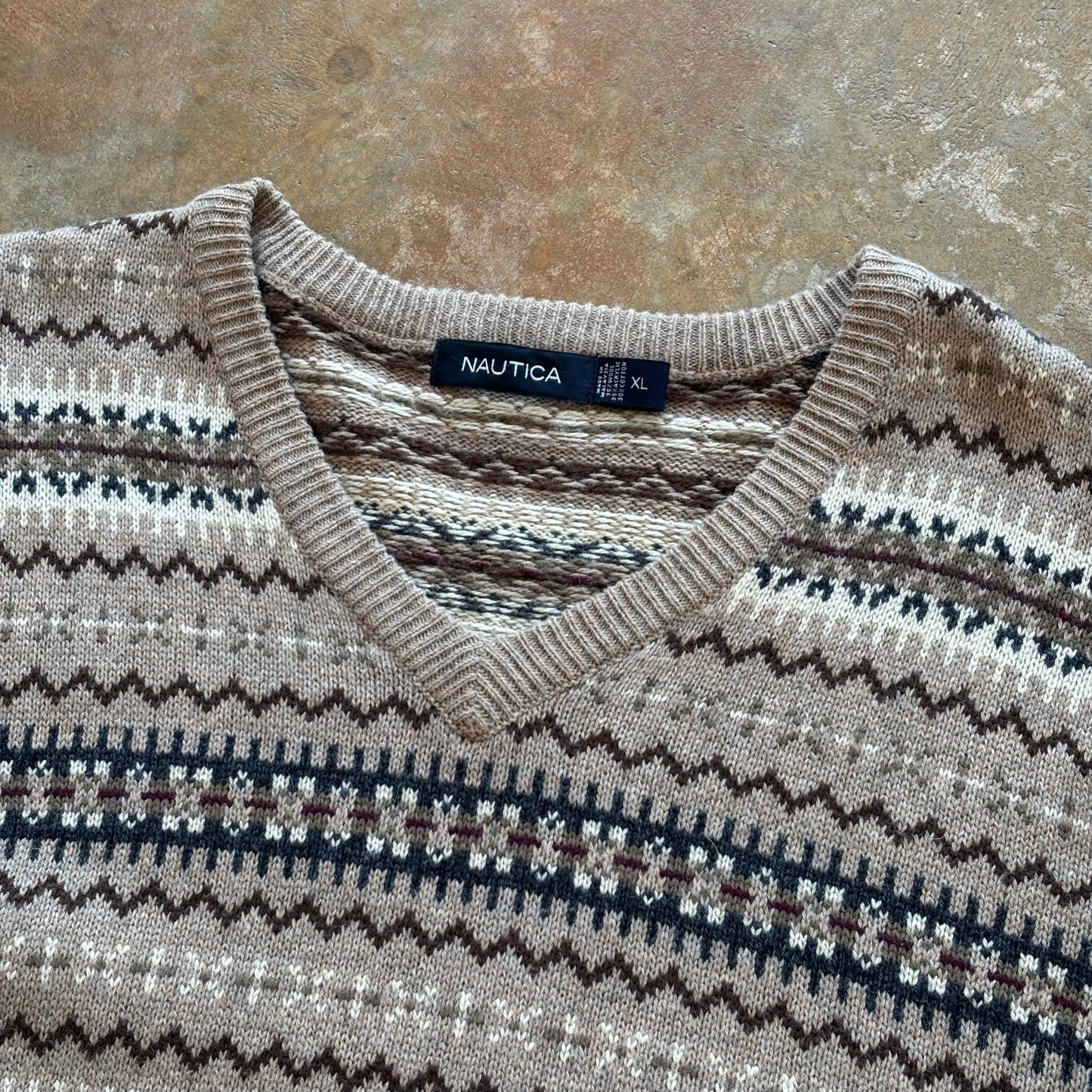 Nautica Fair Isle Pattern Wool Blend V Neck Sweater 90's - XL