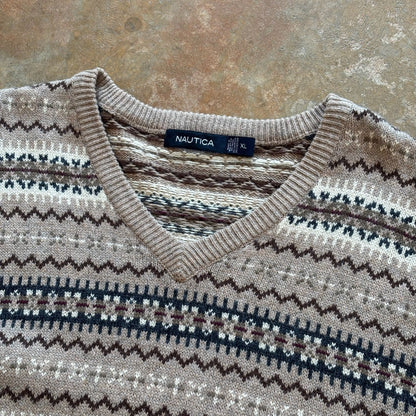 Nautica Fair Isle Pattern Wool Blend V Neck Sweater 90's - XL