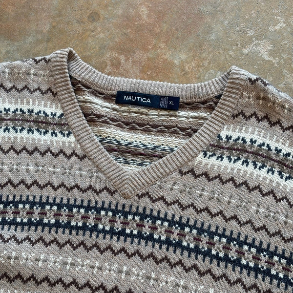 Nautica Fair Isle Pattern Wool Blend V Neck Sweater 90's - XL hover
