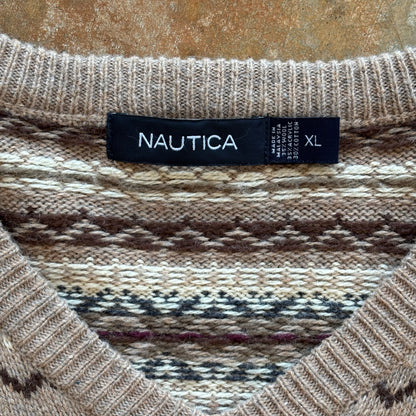 Nautica Fair Isle Pattern Wool Blend V Neck Sweater 90's - XL