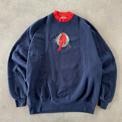 Top Stitch Morning Sun Cardinal Bird Embroidered Double Collar Grandma Sweater 90's - M
