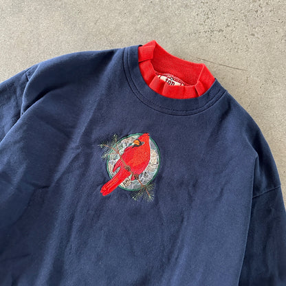 Top Stitch Morning Sun Cardinal Bird Embroidered Double Collar Grandma Sweater 90's - M