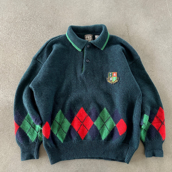 GAP Wool Argyle 1/4 Button Pullover Sweater Embroidered Crest Logo 90's - L