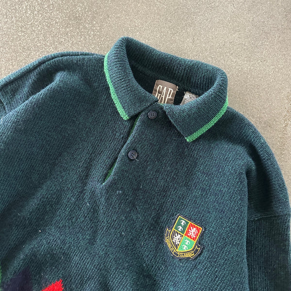 GAP Wool Argyle 1/4 Button Pullover Sweater Embroidered Crest Logo 90's - L hover
