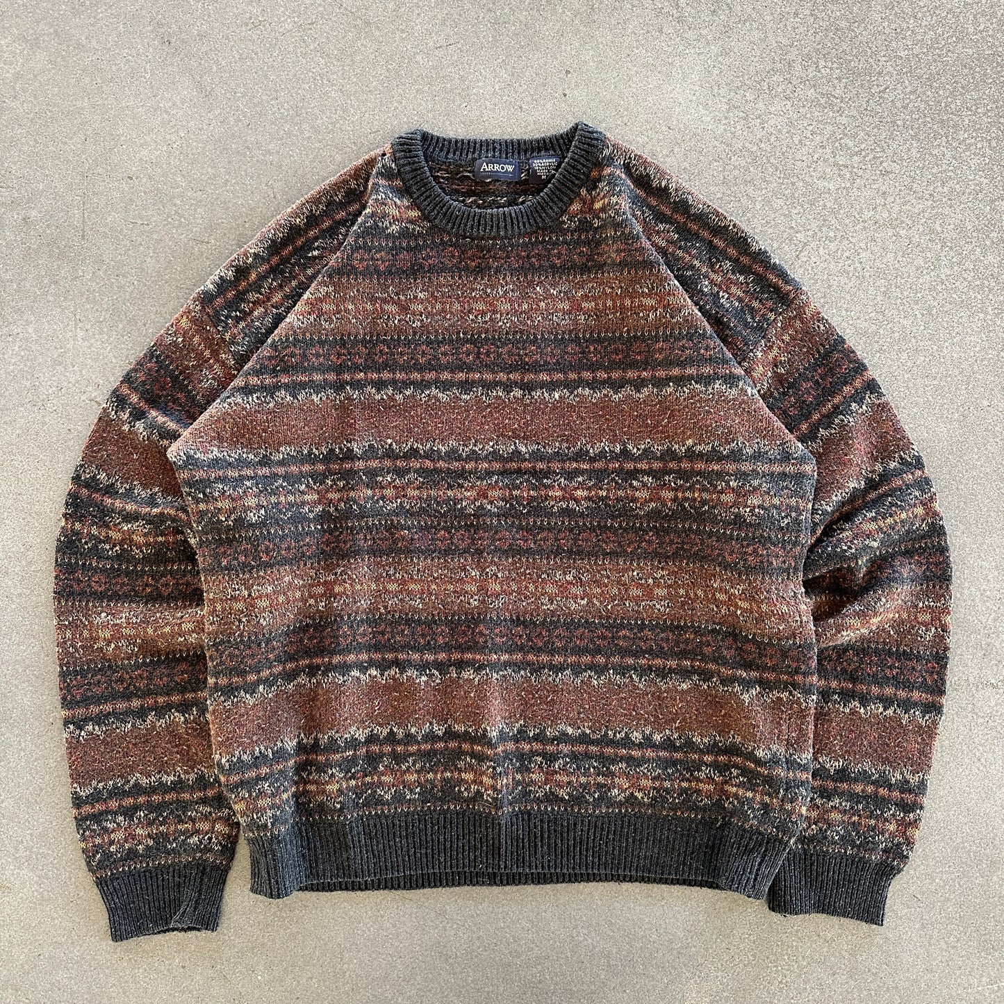 Arrow Fair Isle Pattern Grandpa Ramie Sweater Earth Tone 90's - M