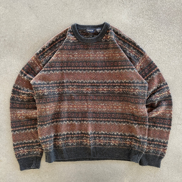 Arrow Fair Isle Pattern Grandpa Ramie Sweater Earth Tone 90's - M