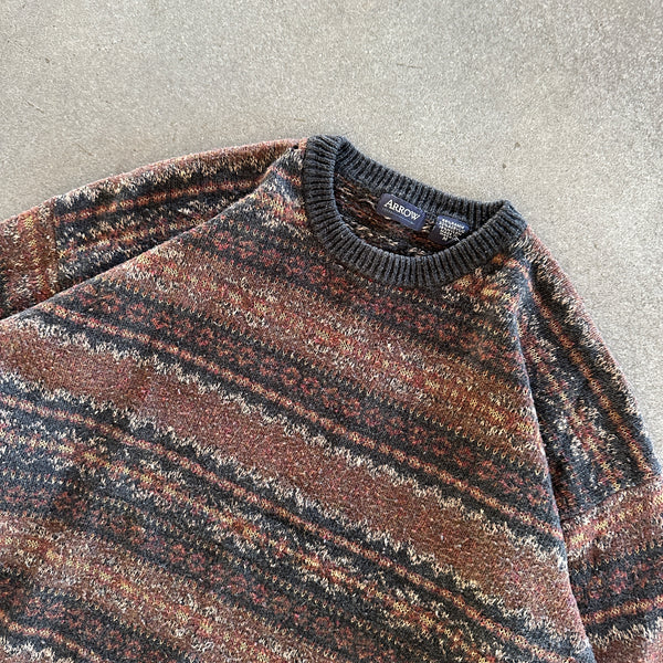 Arrow Fair Isle Pattern Grandpa Ramie Sweater Earth Tone 90's - M hover