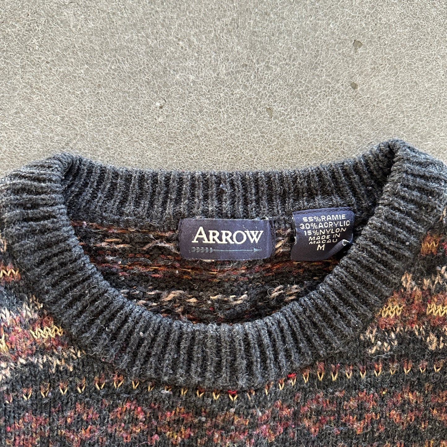 Arrow Fair Isle Pattern Grandpa Ramie Sweater Earth Tone 90's - M
