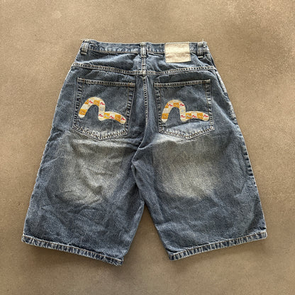 Evisu Genes Embroidered Logo Baggy Hip Hop Skater Jean Shorts 90's - 34