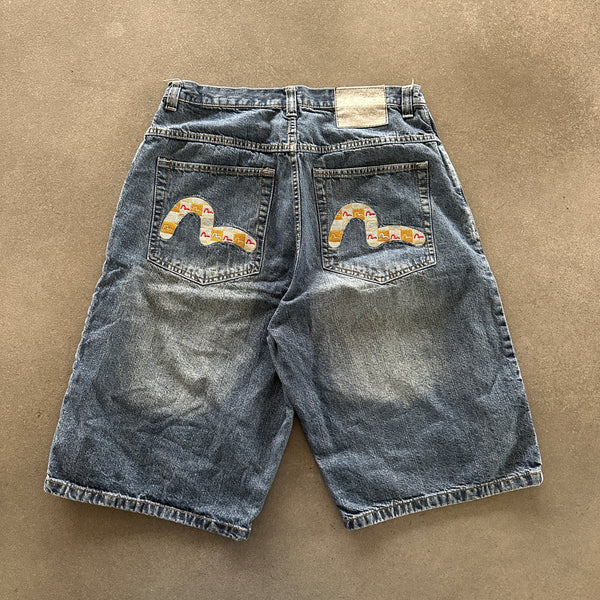 Evisu Genes Embroidered Logo Baggy Hip Hop Skater Jean Shorts 90's - 34