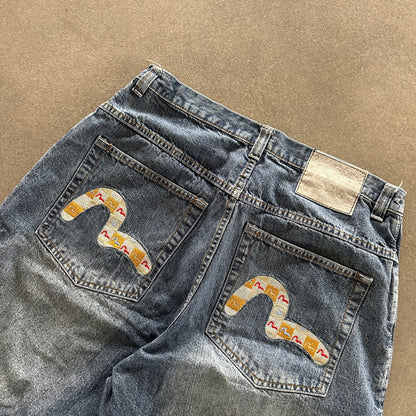 Evisu Genes Embroidered Logo Baggy Hip Hop Skater Jean Shorts 90's - 34