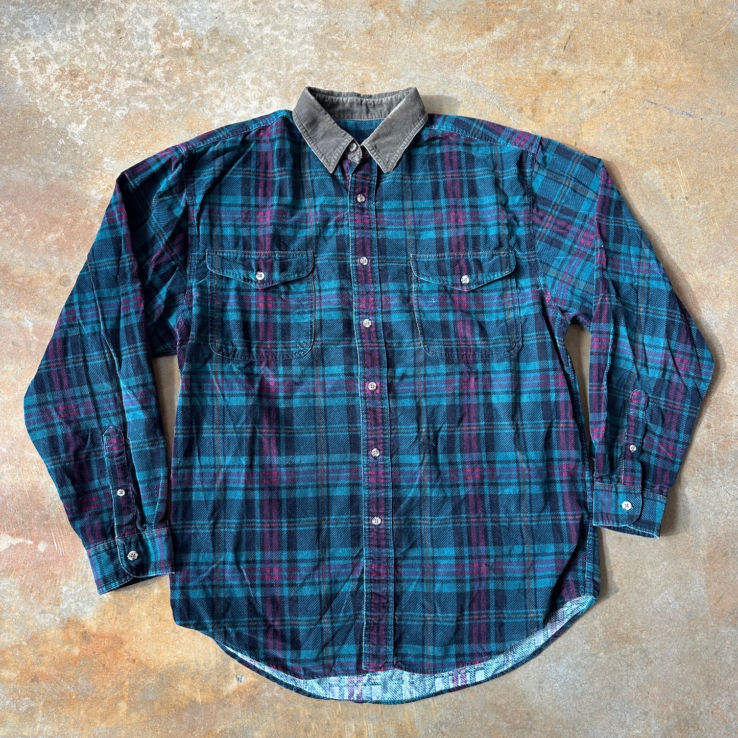 Eddie Bauer Colorful Plaid Flannel Shirt Corduroy Collar 90's - M