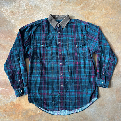 Eddie Bauer Colorful Plaid Flannel Shirt Corduroy Collar 90's - M