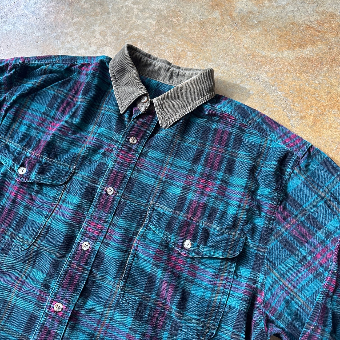 Eddie Bauer Colorful Plaid Flannel Shirt Corduroy Collar 90's - M