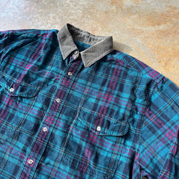 Eddie Bauer Colorful Plaid Flannel Shirt Corduroy Collar 90's - M hover