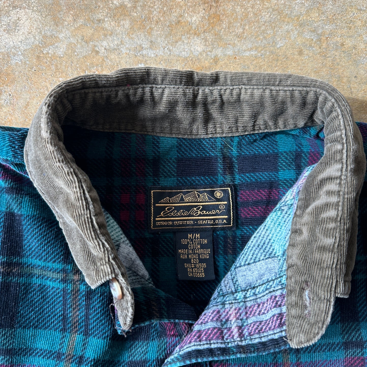 Eddie Bauer Colorful Plaid Flannel Shirt Corduroy Collar 90's - M