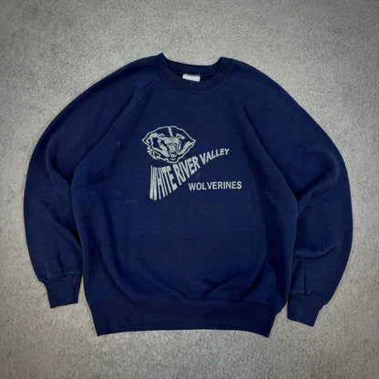 White River Valley Wolverines Boxy Raglan Sleeve Distressed Crewneck Sweatshirt 80's - M