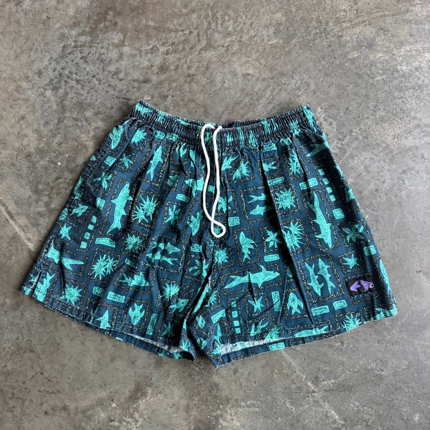 AOP Shark Fish Graphic Shorts 4" Inseam Beach 80's - M