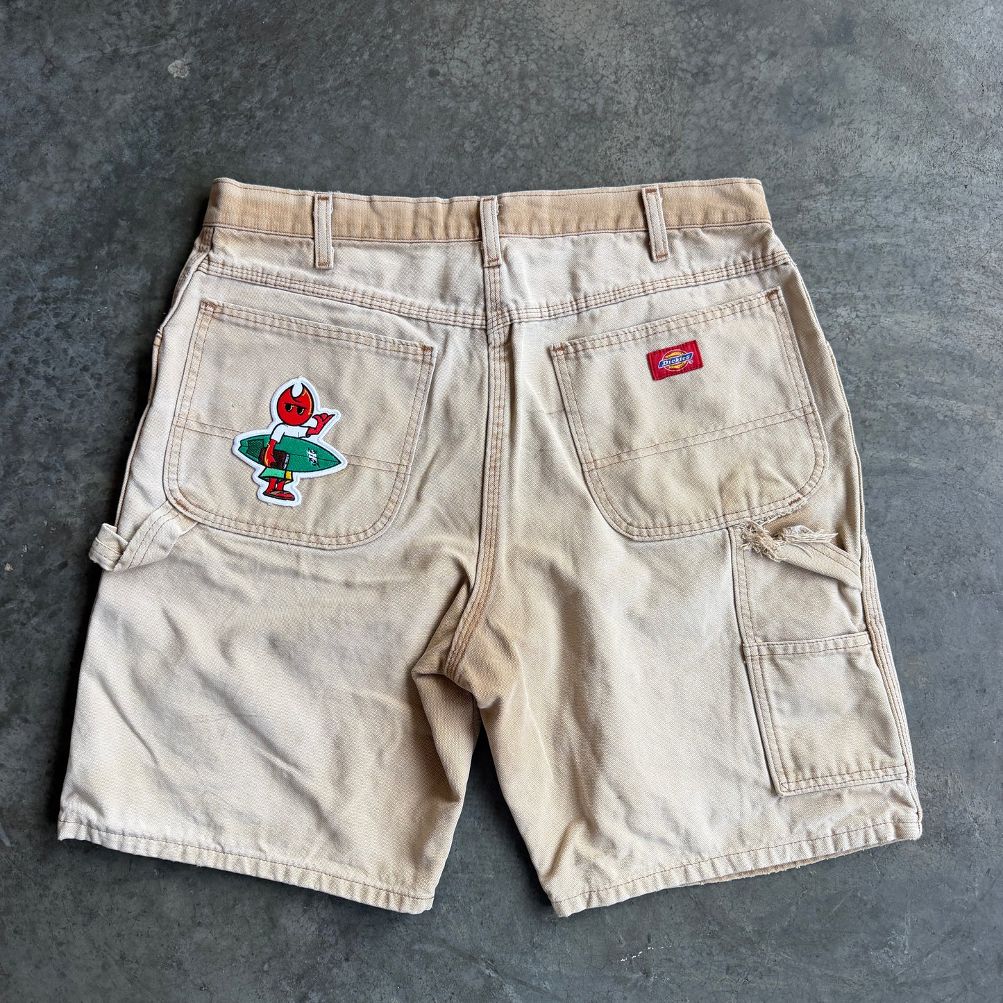 Faded Distressed Dickies Carpenter Shorts w/ Pyro Surf Patch - 34