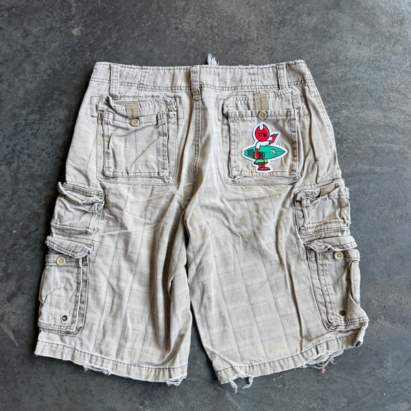 Plugg Distressed Plaid Cargo Shorts w/ Pyro Surf Patch - 32