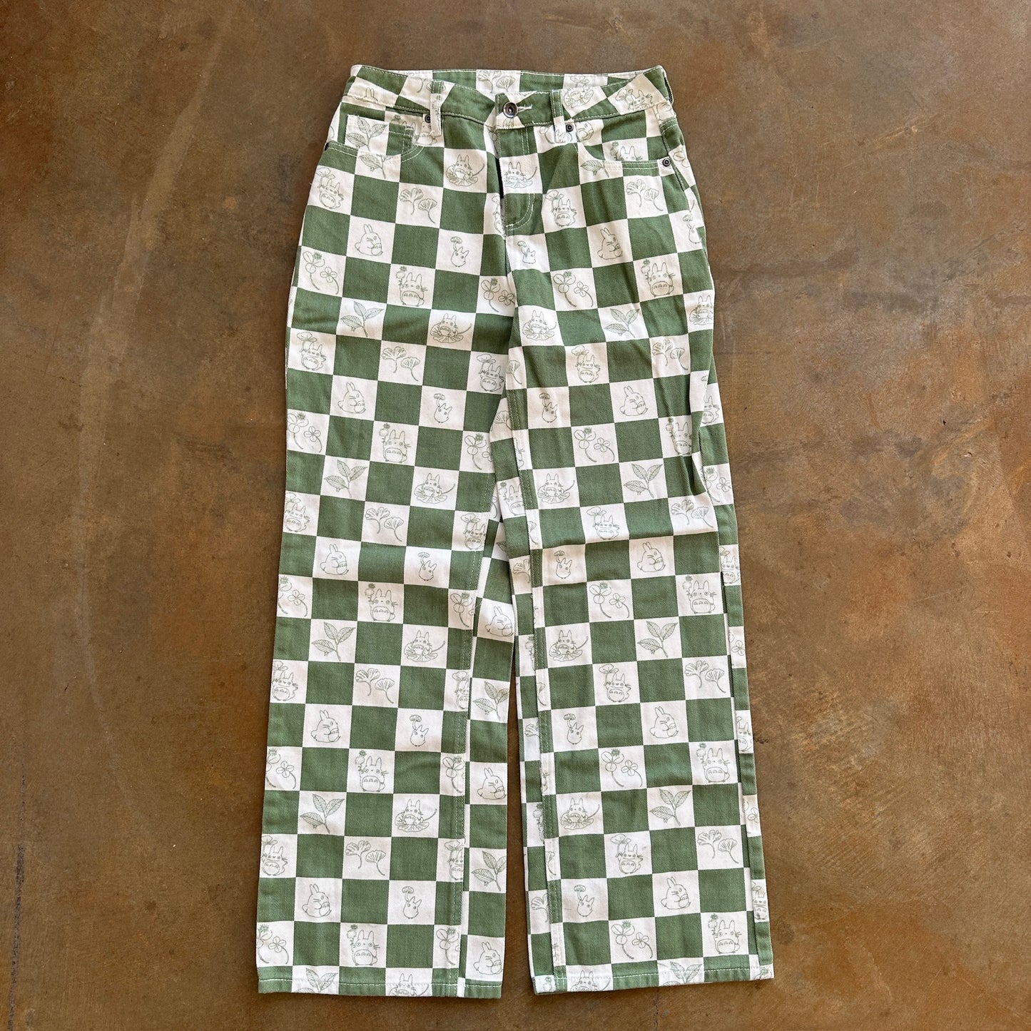 My Neighbor Totoro Studio Ghibil Anime Checkered Green Wide Leg Jeans - 7