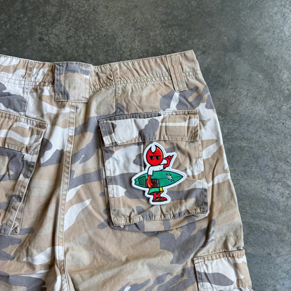 Camo Baggy Cargo Shorts w/ Pyro Surf Patch - 34 hover