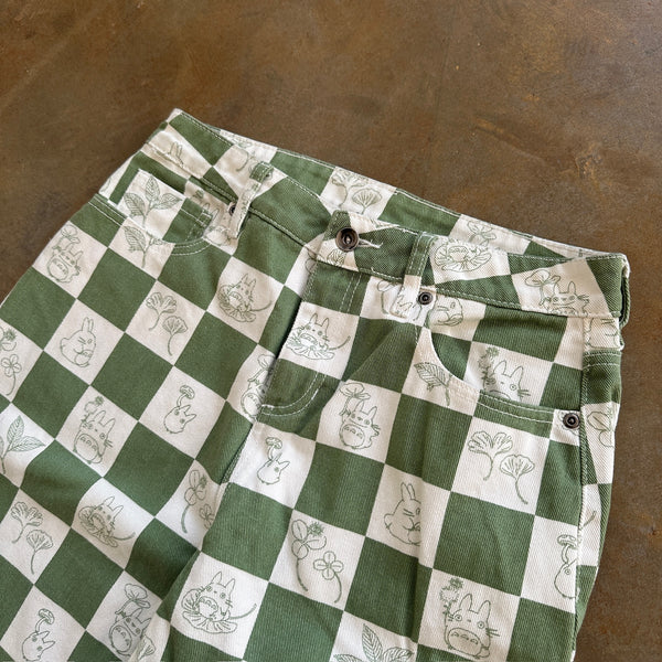 My Neighbor Totoro Studio Ghibil Anime Checkered Green Wide Leg Jeans - 7 hover