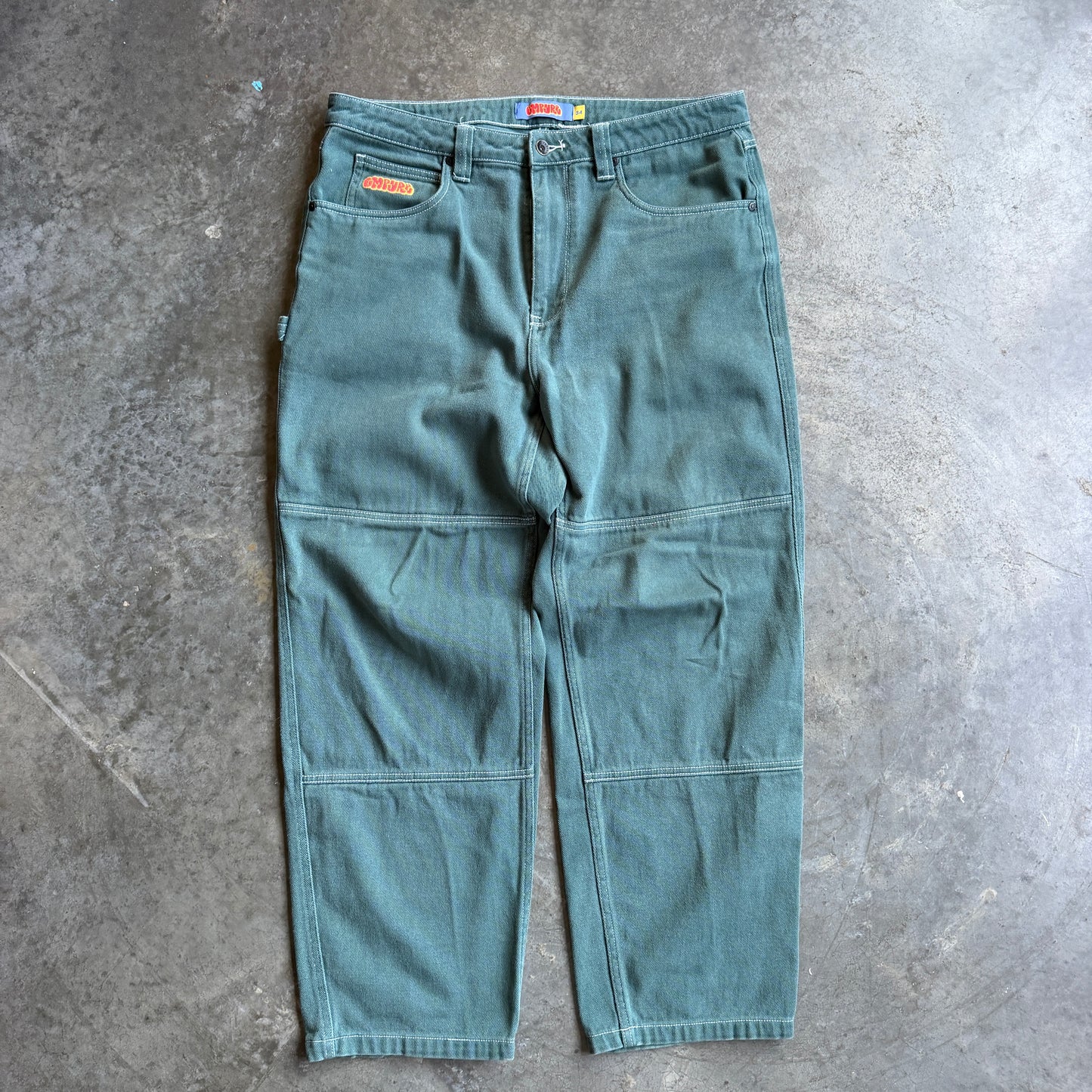 Empyre Double Knee Green Denim Pants w/ Pyro Surf Patch - 34