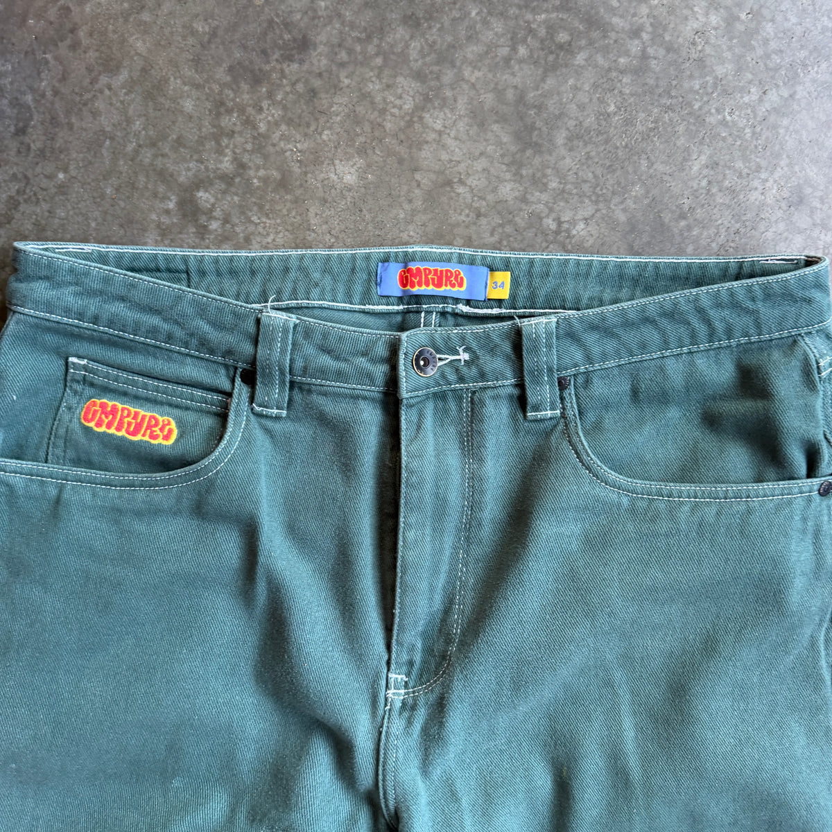 Empyre Double Knee Green Denim Pants w/ Pyro Surf Patch - 34