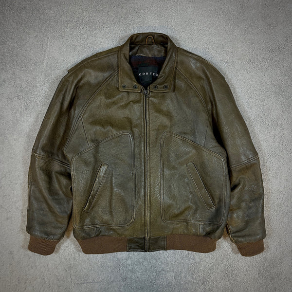 Context Brown Leather Bomber Jacket Blanket Lined 90's - L