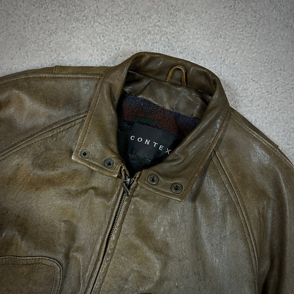Context Brown Leather Bomber Jacket Blanket Lined 90's - L hover