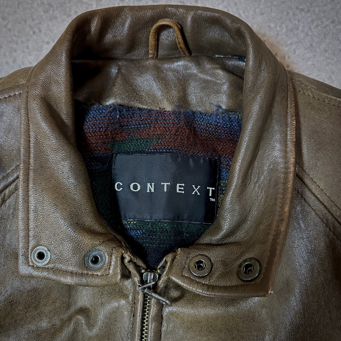 Context Brown Leather Bomber Jacket Blanket Lined 90's - L