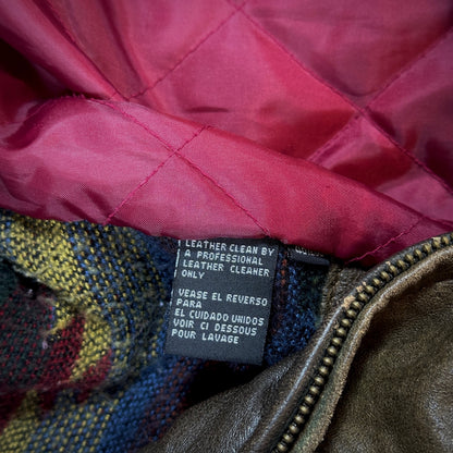 Context Brown Leather Bomber Jacket Blanket Lined 90's - L