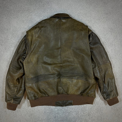 Context Brown Leather Bomber Jacket Blanket Lined 90's - L