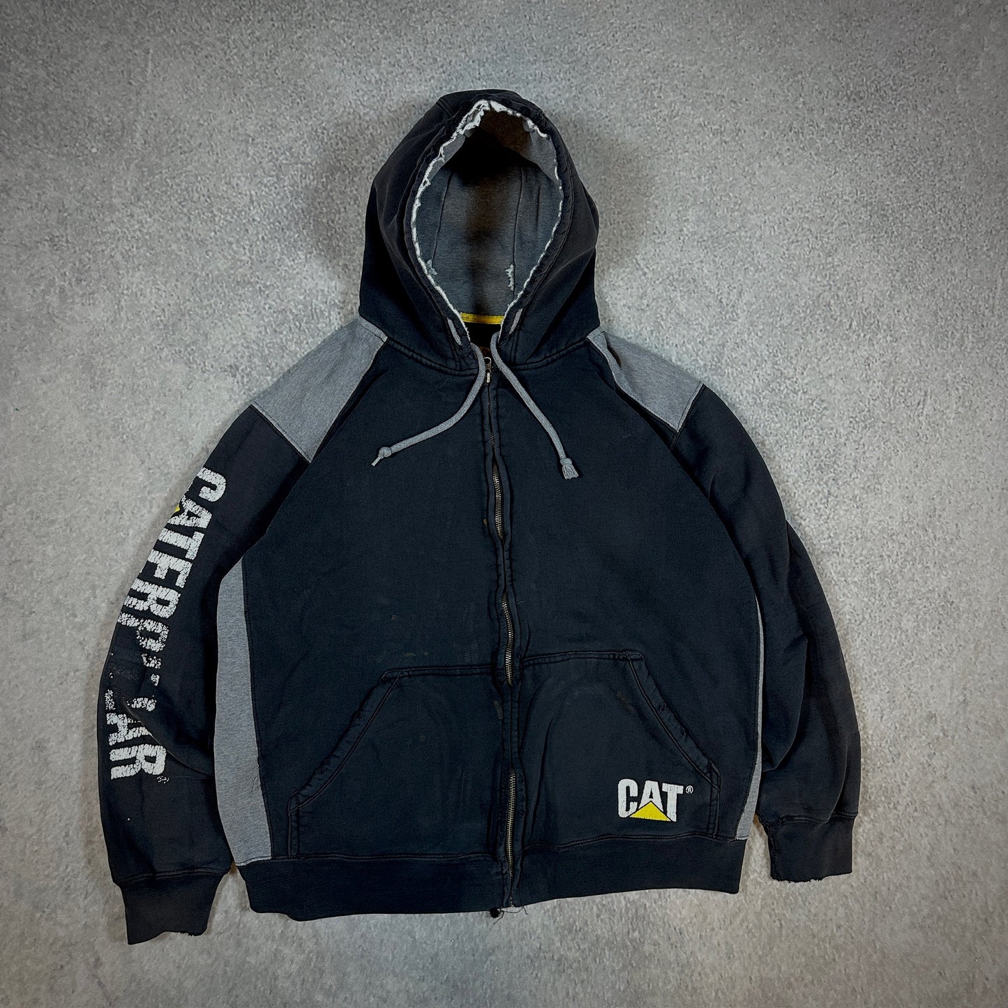Caterpillar CAT Hooded Full Zip Jacket Distressed Workwear 00's - L