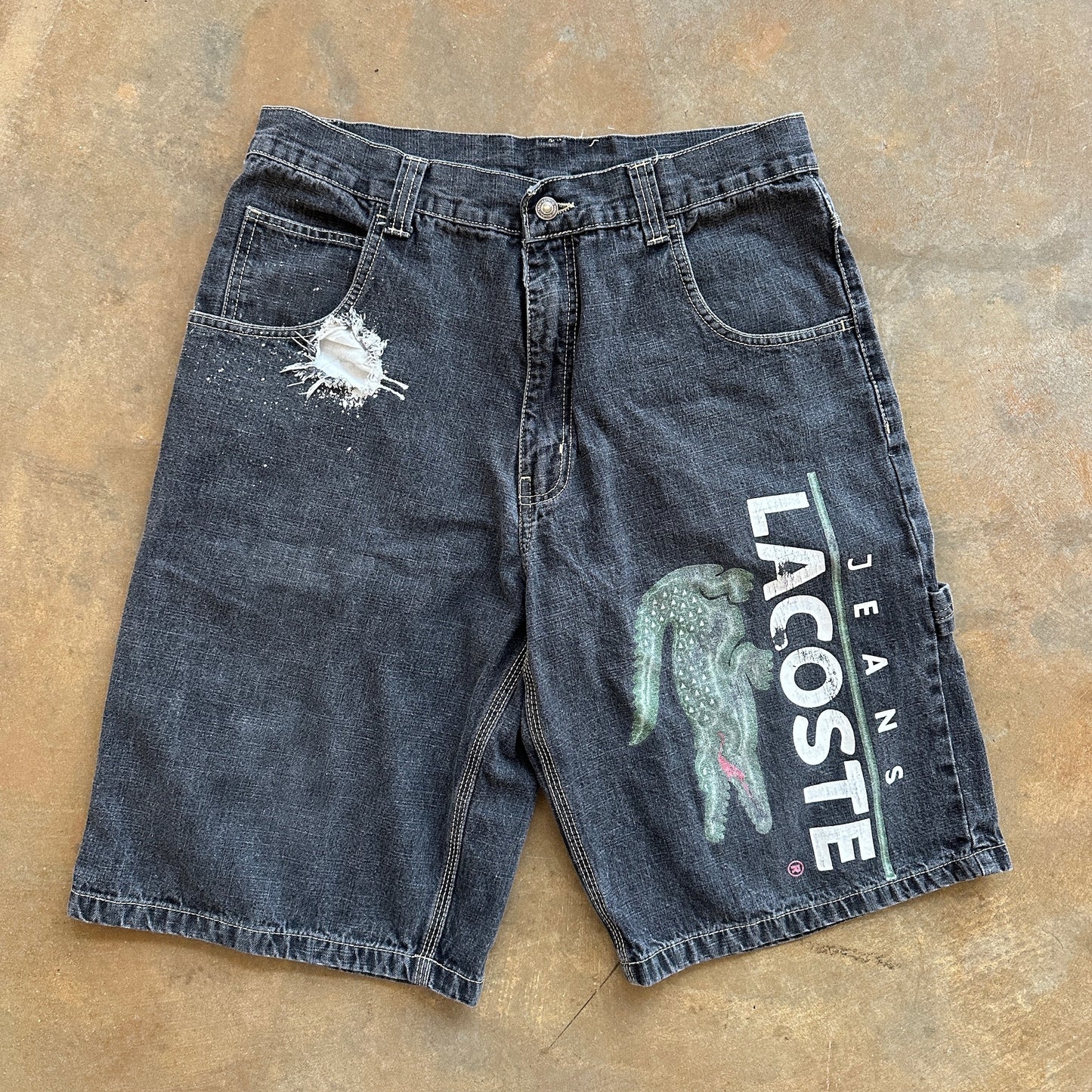 Vintage Lacoste Big Gator Graphic Skater Grunge y2k Baggy Jean Shorts Black 00's - 34
