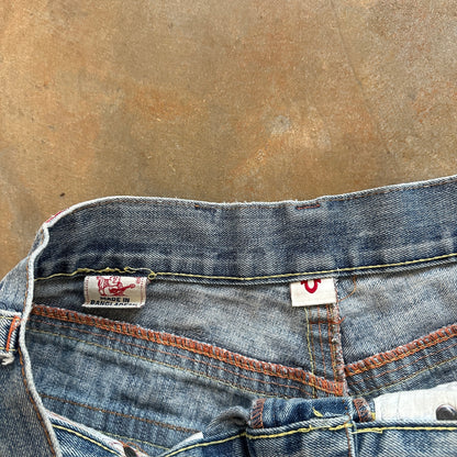 True Religion RARE Rainbow Billy Embroidered Buddha Tapestry Jean Shorts Baggy Skater 90's - 34