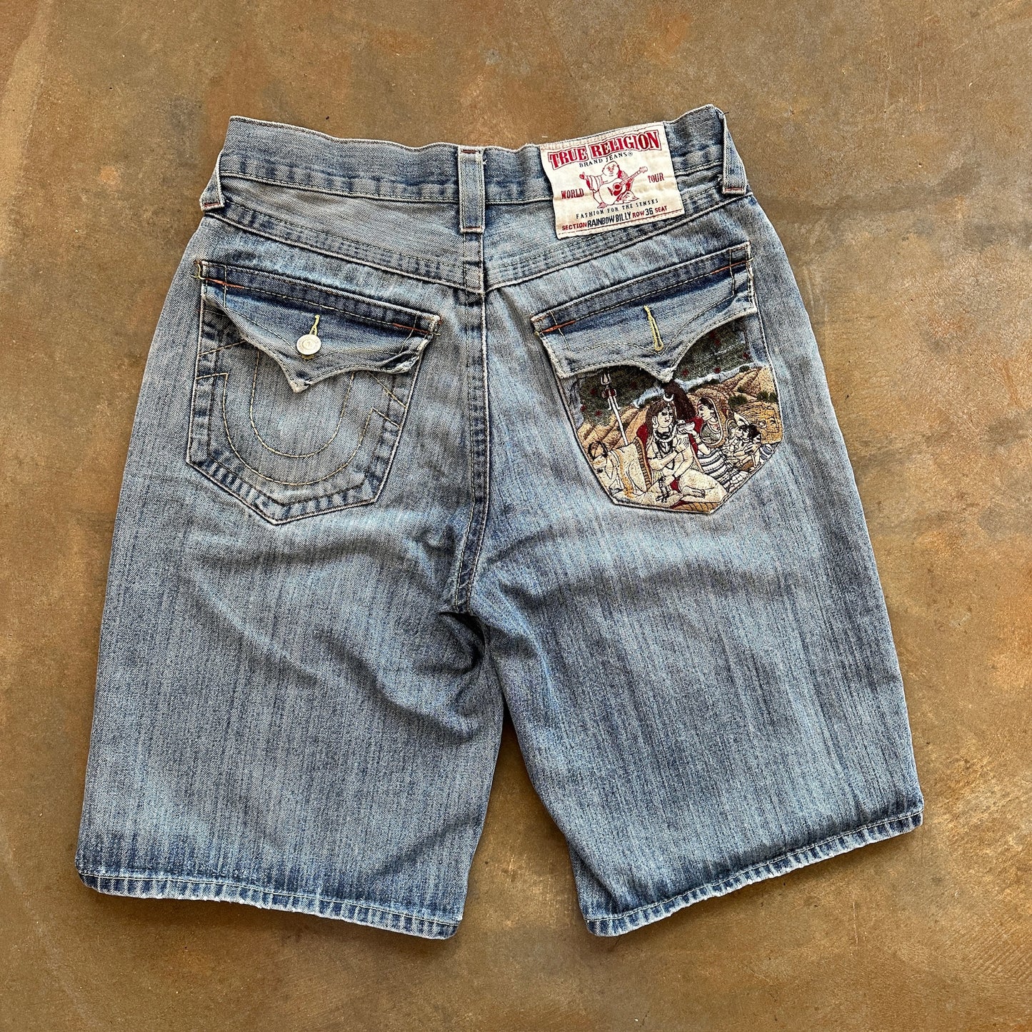 True Religion RARE Rainbow Billy Embroidered Buddha Tapestry Jean Shorts Baggy Skater 90's - 34