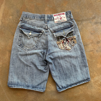 True Religion RARE Rainbow Billy Embroidered Buddha Tapestry Jean Shorts Baggy Skater 90's - 34
