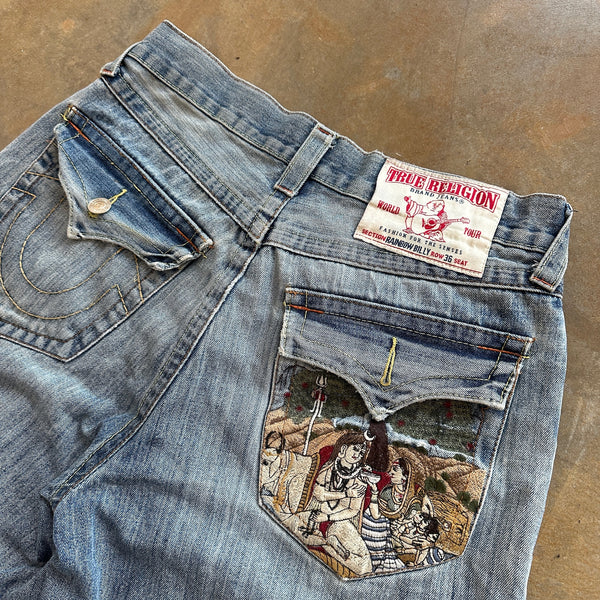 True Religion RARE Rainbow Billy Embroidered Buddha Tapestry Jean Shorts Baggy Skater 90's - 34 hover