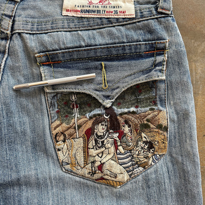 True Religion RARE Rainbow Billy Embroidered Buddha Tapestry Jean Shorts Baggy Skater 90's - 34