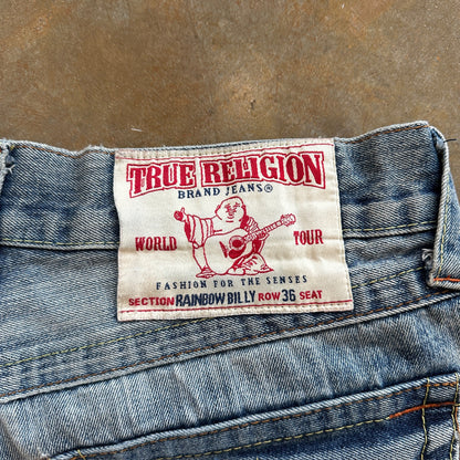 True Religion RARE Rainbow Billy Embroidered Buddha Tapestry Jean Shorts Baggy Skater 90's - 34
