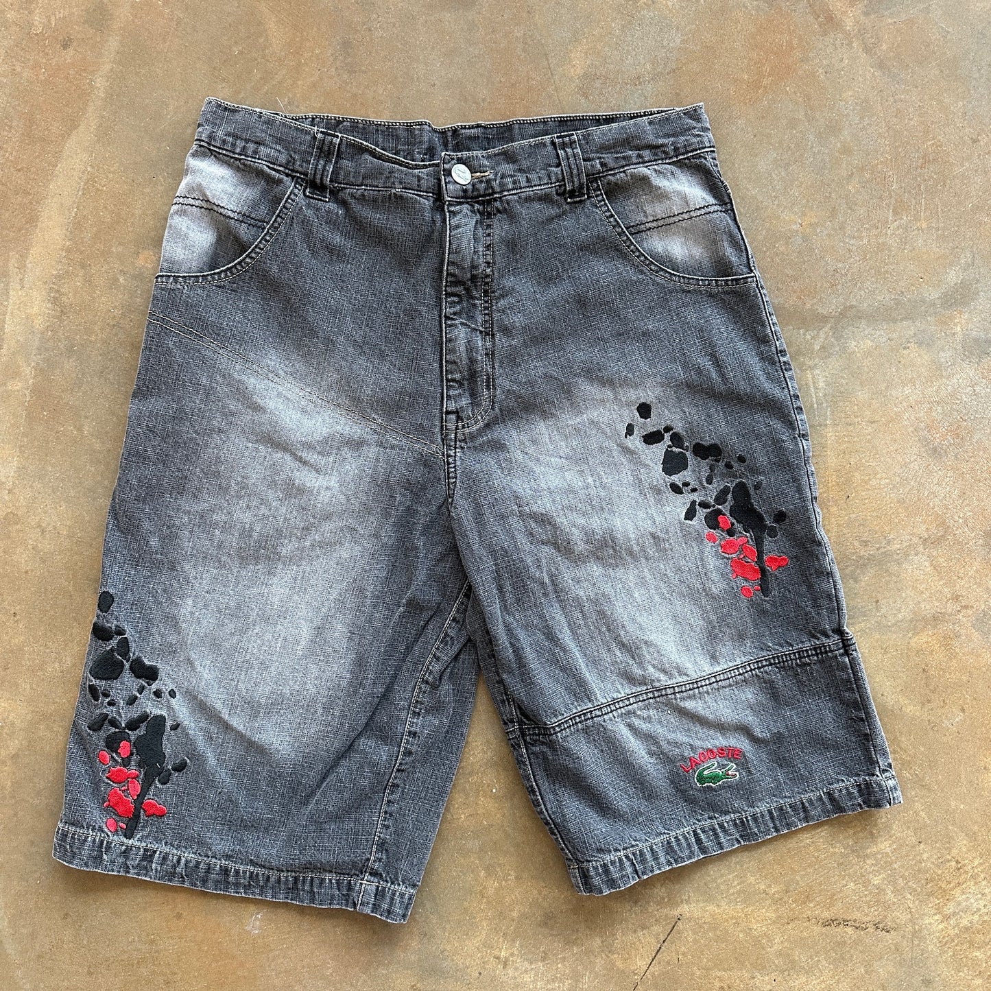 Lacoste Baggy Jean Shorts Black Embroidered Skater Dark Wash 90's - 36