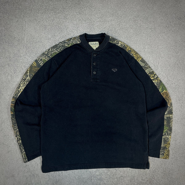 Cabelas Black Camoflauge Sleeve Henley Sweatshirt 00's - M
